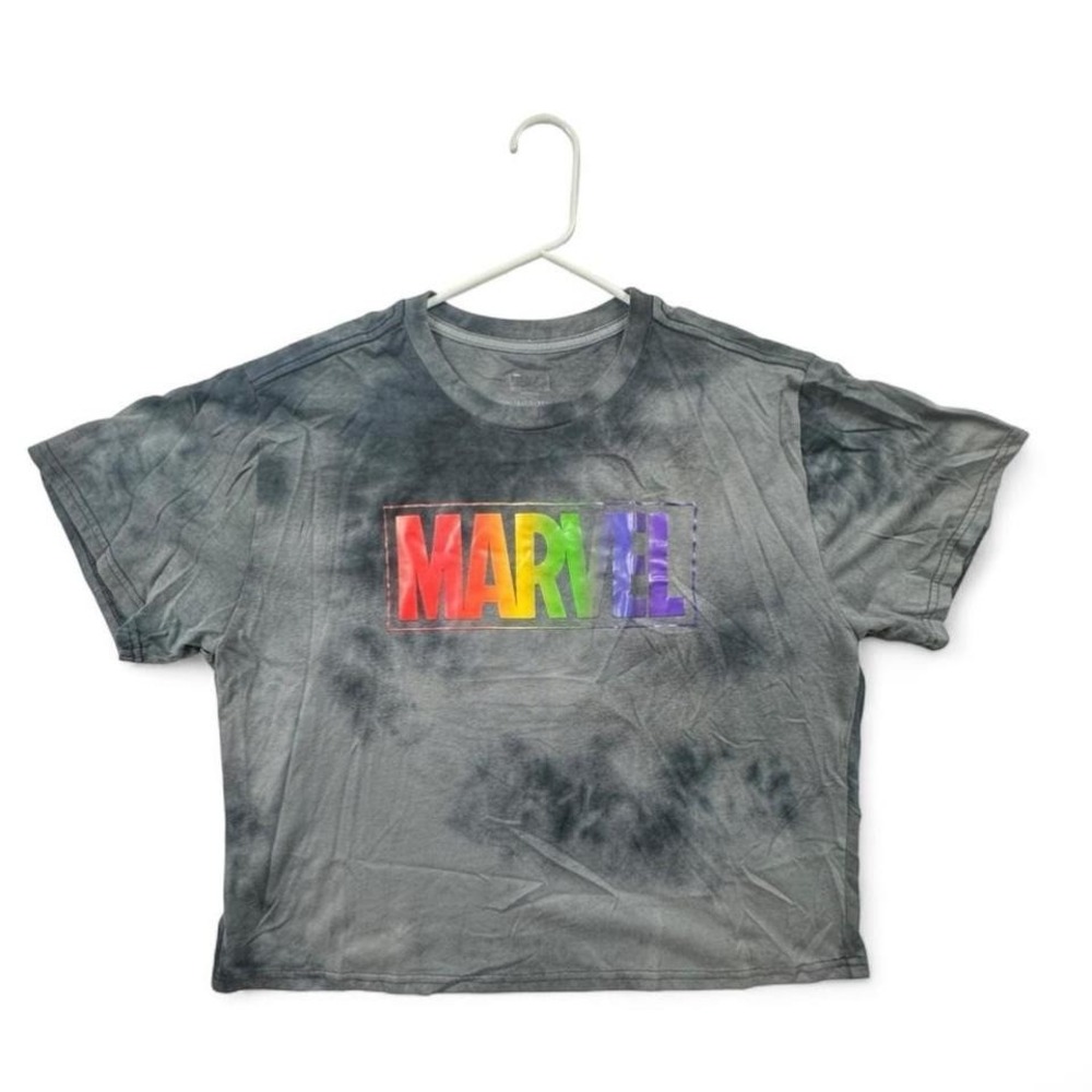 Marvel Womens Black Tie Dye Cropped Tee Rainbow Logo Graphic T-Shirt 3XL